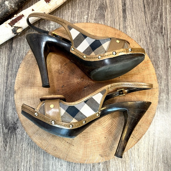 *Burberry | Nova Check Wooden Clog Slingback Peep Toe Heels Size 39/9 - Picture 7 of 16